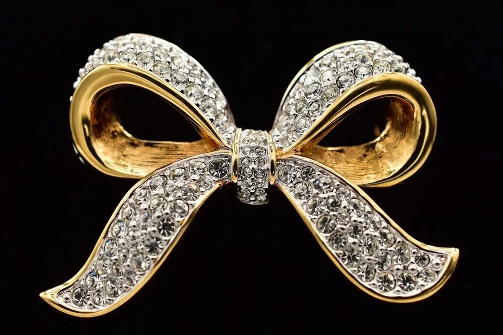 Swarovski Vintage Crystal Bow Pin Brooch Gold Pave Rhinestone Swan Signed BinBG